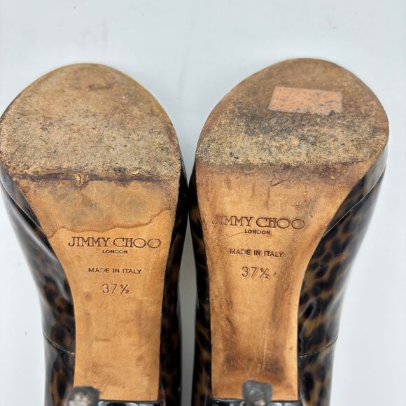 Jimmy Choo Cheetah Print Patent Leather Peep Toe Pumps Women's 37.5 - Picture 9 of 13